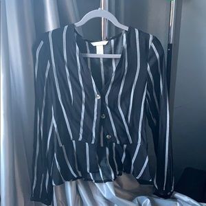 Black and white long sleeve v-neck button down